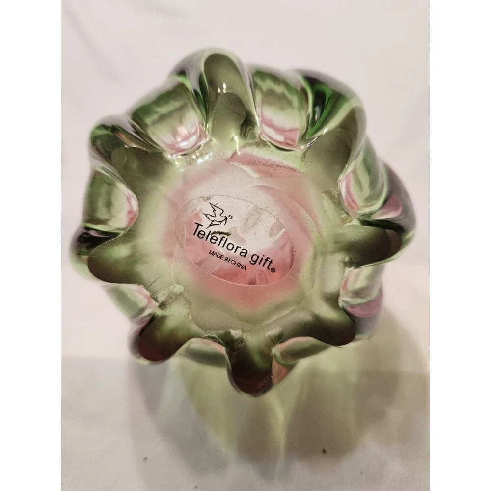 Vintage Hand Blown Teleflora Watermelon Pink Green Swirl Scallop Glass 8